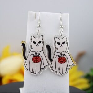 Halloween Dangle Earrings with Cat Design Holding Pumpkin -Halloween Accessories